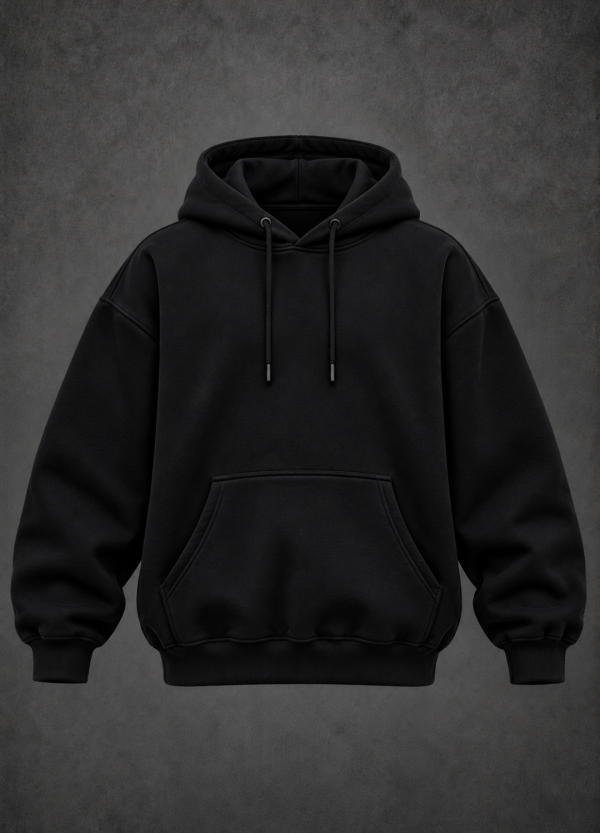 Solid black hoodie, studio front view